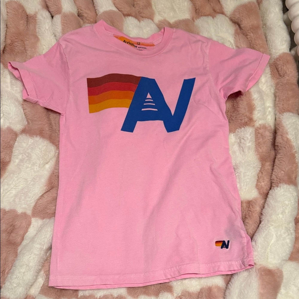 Aviator Nation Pink Kids Short Sleeve Tee with Blue Logo & Rainbow Stripe